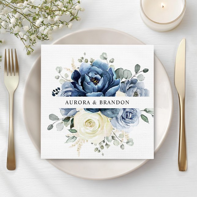 Servilleta De Papel Dusty Marina Azul Champagne Boda de marfil (Dusty Blue Navy Champagne Ivory Floral Wedding Napkins)