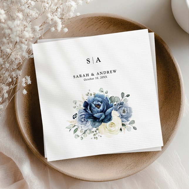 Servilleta De Papel Dusty Marina Azul Champagne Boda de marfil (Dusty Blue Navy Champagne Ivory Floral Wedding Napkins)