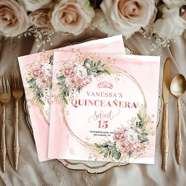 Servilleta De Papel Dusty Pink Eucalyptus Floral Napkin 15th Birthday (Dusty Pink Eucalyptus Floral Napkin for 15th Birthday)