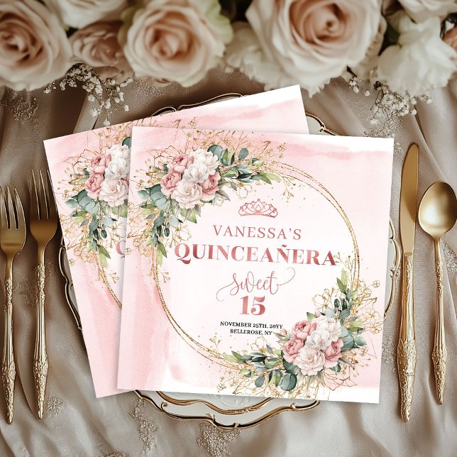 Servilleta De Papel Dusty Pink Floral Napkins for Elegant Quinceañera (Dusty Pink Floral Napkins for Elegant Quinceañera)