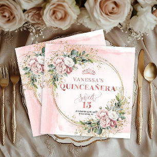 Servilleta De Papel Dusty Pink Greenery Floral Sweet 15 Celebración