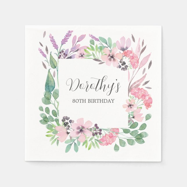 Servilleta De Papel Dusty Pink Purple Wildflower 80 cumpleaños (Anverso)