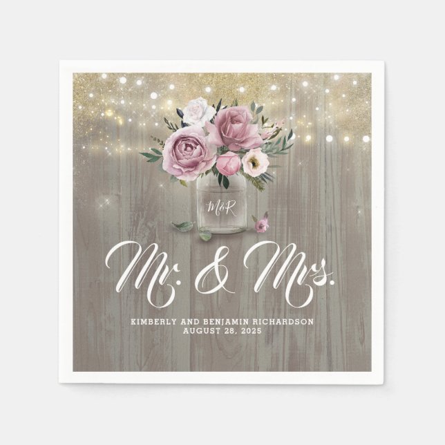 Servilleta De Papel Dusty Rosa Floral Mason Jar Rústica Madera de camp (Anverso)