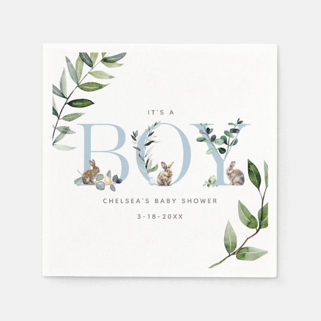 Servilleta De Papel Easter Bunny Rabbit Eucalyptus Boy Baby Shower (Anverso)