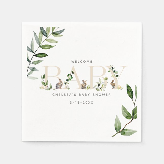 Servilleta De Papel Easter Bunny Rabbit Eucalyptus Neutral Baby Shower (Anverso)