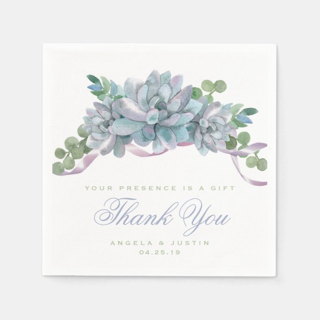 Servilleta De Papel Echeveria acuarela con cinta morada (Anverso)