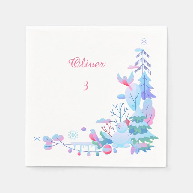 Servilleta De Papel Editable Name & Age Napkins | Winter Woodland Baby (Anverso)