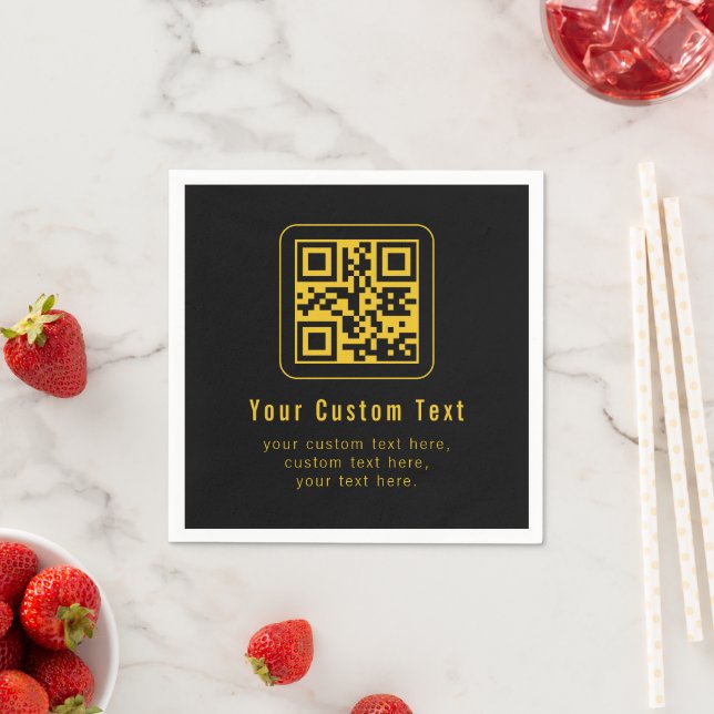Servilleta De Papel Editable QR Code & Text Template | Black & Gold (In situ)