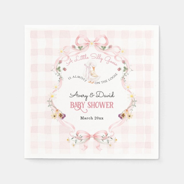 Servilleta De Papel Editable Silly Goose Baby Shower Pink Bow (Anverso)
