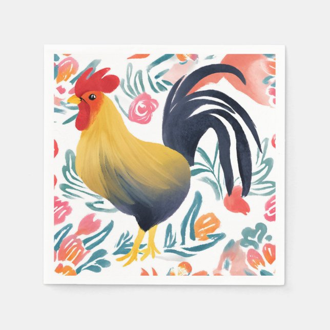 Servilleta De Papel Edna el Gallo | Pollo Floral Acuarela (Anverso)