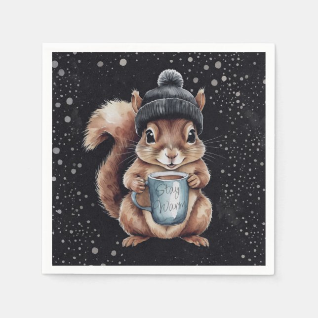 Servilleta De Papel Eichhörnchen mit Tasse und Schnee „Stay Warm“ (Anverso)