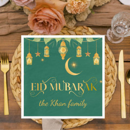 Servilleta De Papel Eid Mubarak Personalizado Linternas Verdes Oro + L