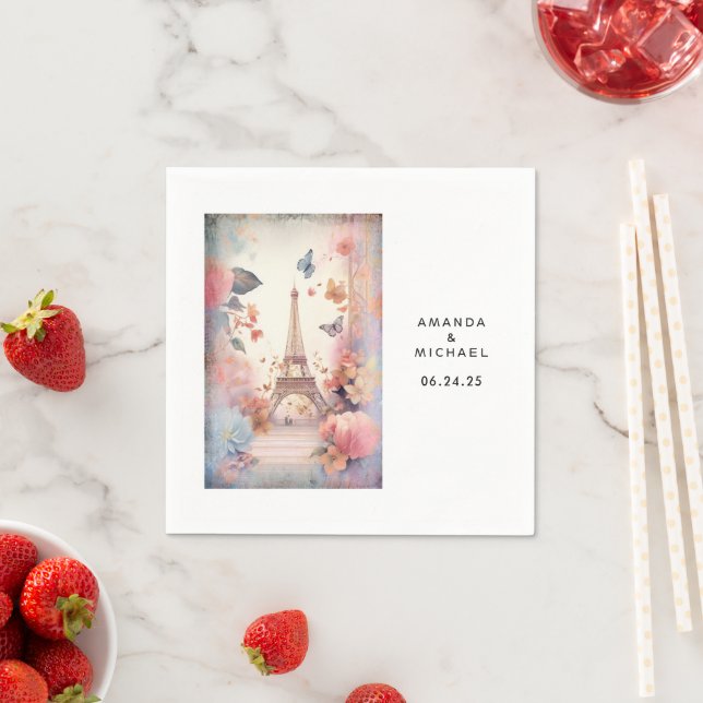 Servilleta De Papel Eiffel Tower Butterflies and Flowers Wedding (In situ)