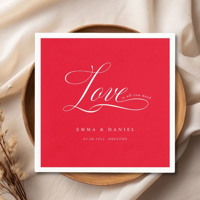 Servilleta De Papel ¡El amor es todo lo que necesitas! Elegante, boda (Love is all you need! Elegant, wedding Napkins, scripted font with your name & date.)