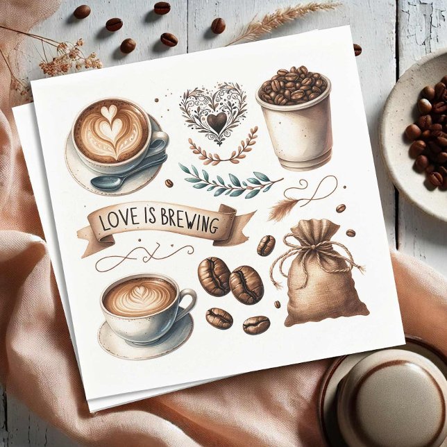 Servilleta De Papel El amor está preparando ducha de novia (Love is brewing coffee themed paper napkins illustrated art Do Tell A Belle)