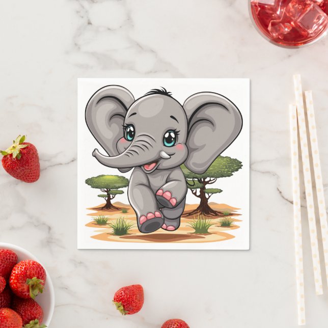 Servilleta De Papel El bebé elefante salta feliz en la sabana africana (In situ)