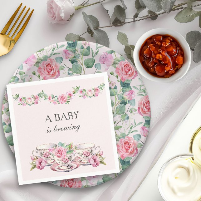 Servilleta De Papel El bebé está preparando tazas de té rosadas con sa (A Baby is Brewing napkins from my Vintage Tea Party Baby Shower Collection)