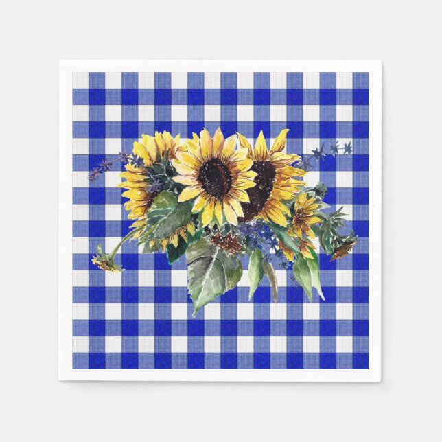 Servilleta De Papel El Bouquet girasol en Blue Gingham (Anverso)