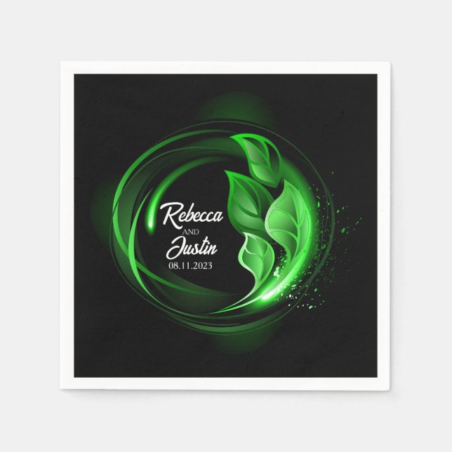 Servilleta De Papel El brillo verde deja el boho moderno negro (Anverso)