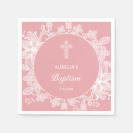 Servilleta De Papel El encaje blanco sobre el bautismo rosado