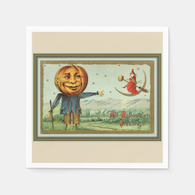 Servilleta De Papel El espantapájaros de Halloween y la bruja (Anverso)