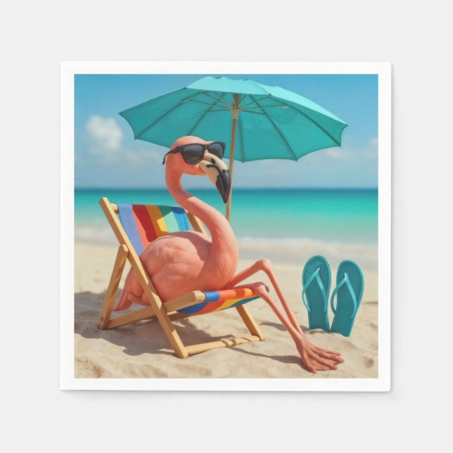 Servilleta De Papel El flamenco descansa sobre una silla de playa (Anverso)