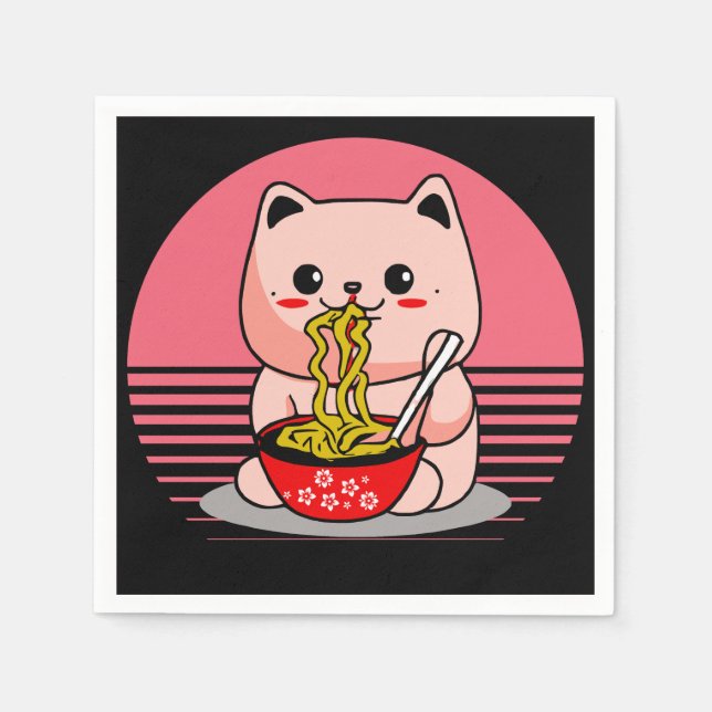 Servilleta De Papel El gato de Kawaii comiendo ramen (Anverso)