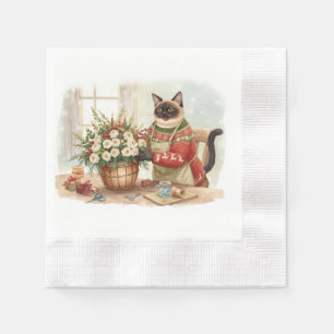 Servilleta De Papel El gato está arreglando flores de Navidad