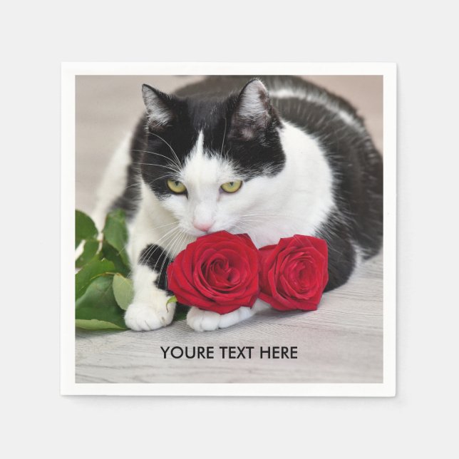 Servilleta De Papel El gato lindo con la rosa roja (Anverso)