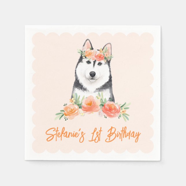 Servilleta De Papel El Husky Siberiano y las Flores de Peach Cumpleaño (Anverso)