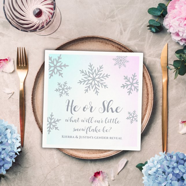 Servilleta De Papel El O Ella Winter Wonderland Gender Revelador Fiest (winter wonderland gender reveal party napkins silver glitter snowflake baby pink and blue)