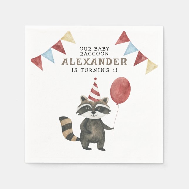 Servilleta De Papel El primer cumpleaños de nuestro mapache bebé  (Anverso)