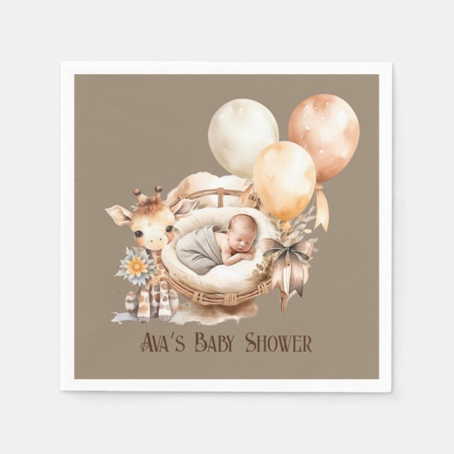 Servilleta De Papel El recién nacido Tono de la Tierra Giraffe Globos  (Anverso)