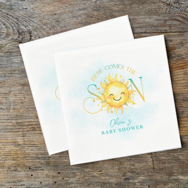 Servilleta De Papel El sol limpio aquí viene el Baby Shower del hijo (Cute Sunshine Here Comes the Son Baby Shower Napkins)