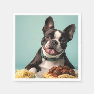 Servilleta De Papel El Terrier De Boston Con Spaghetti Bolognaise