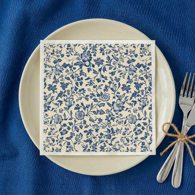 Servilleta De Papel El viejo software Delfware Blue y creame Napkin Fl (Old-Style Delftware Blue and creame Floral Napkin.)