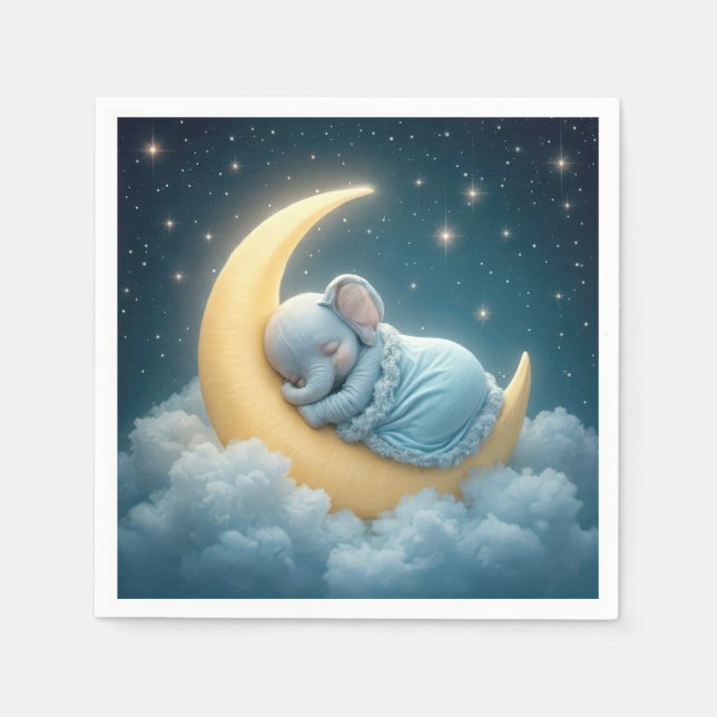 Servilleta De Papel Elefante azul bebé duerme en una luna creciente (Anverso)