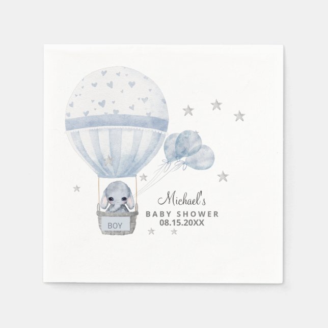 Servilleta De Papel Elefante Baby Shower con globo aerostático (Anverso)