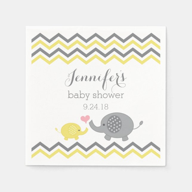 Servilleta De Papel Elefante Baby Shower Napkins Chevron gris amarillo (Anverso)
