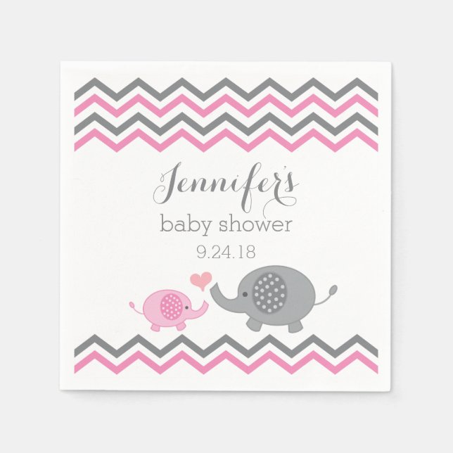 Servilleta De Papel Elefante Baby Shower Napkins Chevron gris rosado (Anverso)