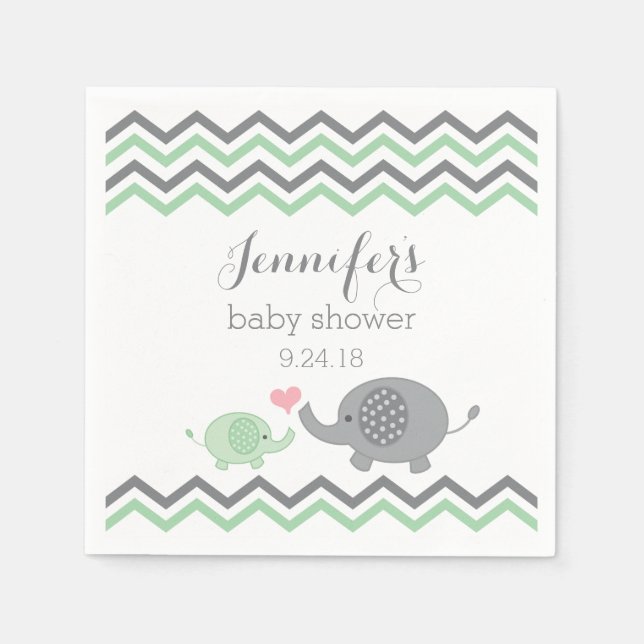 Servilleta De Papel Elefante Baby Shower Napkins Green Gray Chevron (Anverso)