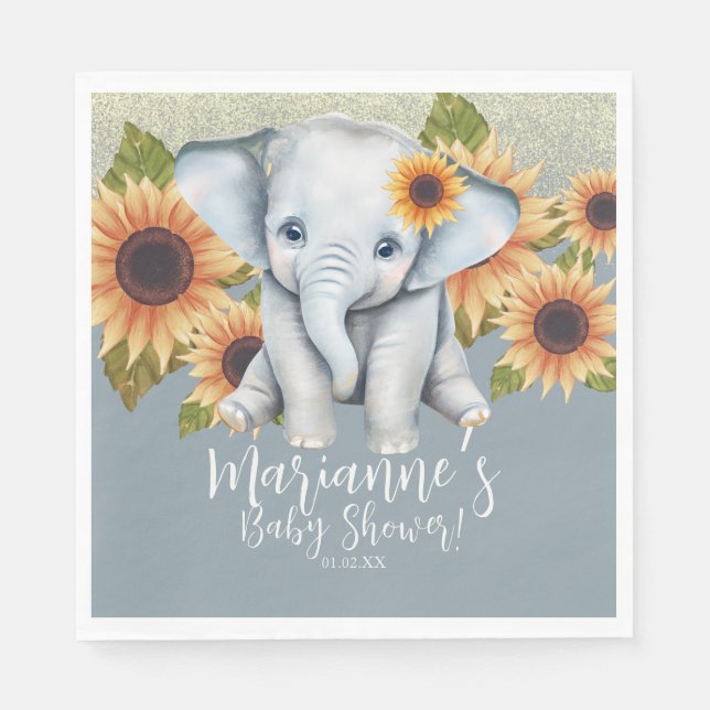 Servilleta De Papel Elefante Baby Shower Sunflower Purpurina Dusty Blu (Anverso)