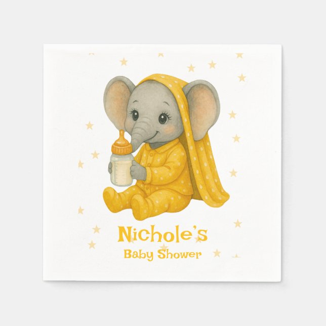 Servilleta De Papel Elefante bebé en Baby Shower de pijamas amarillos (Anverso)