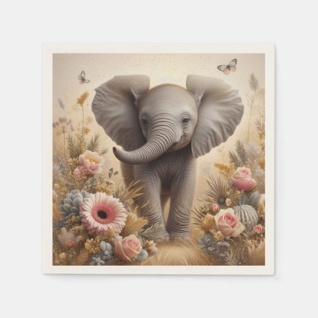 Servilleta De Papel Elefante bebé y Fiesta de flores para niños (Anverso)