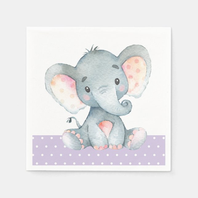 Servilleta De Papel Elefante chica Baby Shower Purple Napkins (Anverso)