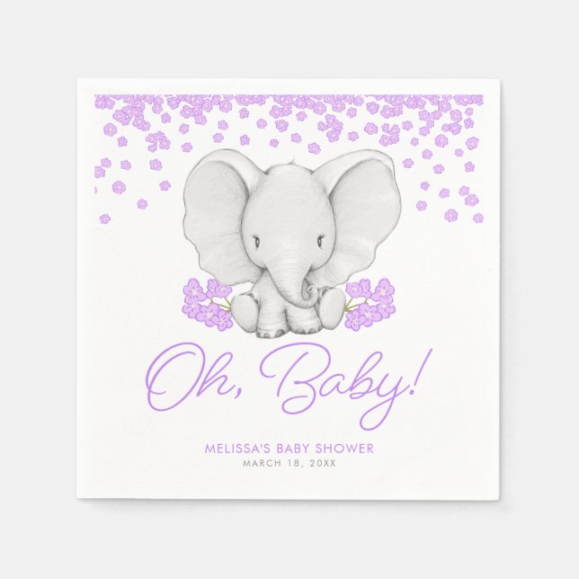Servilleta De Papel Elefante Chica de flores moradas Baby Shower (Anverso)
