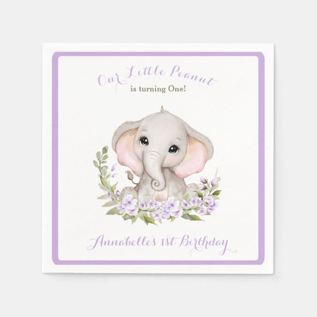 Servilleta De Papel Elefante Chica de primer cumpleaños Personalizado  (Anverso)