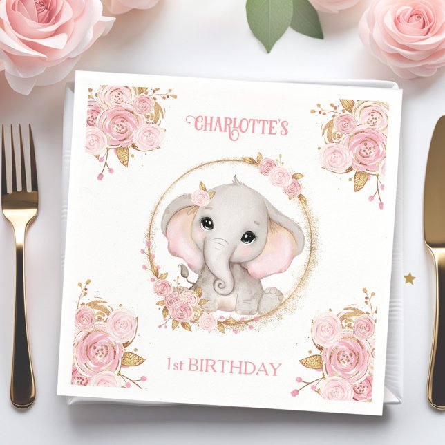 Servilleta De Papel Elefante Chica Pink Floral Primera servilletas de  (Elephant Girl Pink Floral 1st Birthday Napkins)