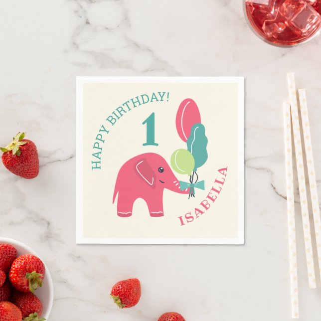 Servilleta De Papel Elefante con Globos Cumpleaños 1 año Niñas (In situ)