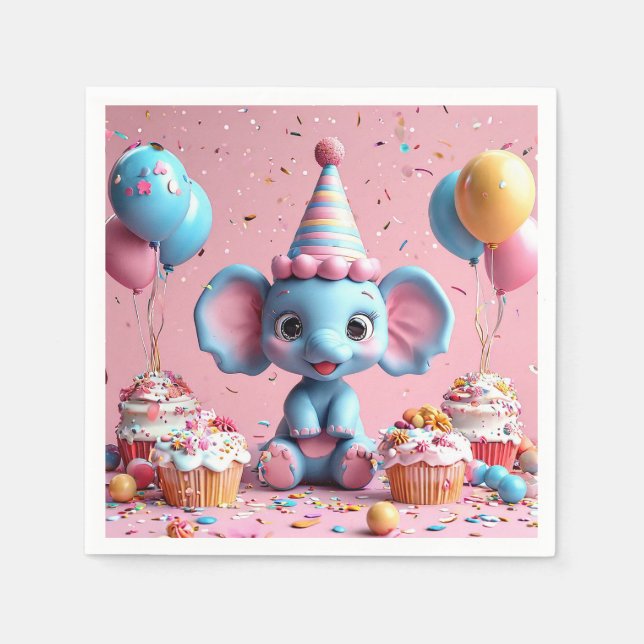 Servilleta De Papel Elefante de cumpleaños con pastel y globos (Anverso)